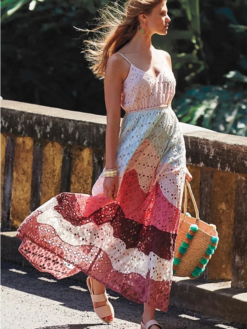 RAGA • Anthropologie Eyelet Tiered Maxi Dress in Multicolor - Small